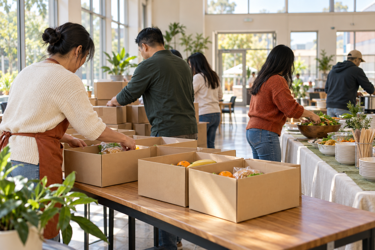 Filipino-Australian community volunteers arranging unbranded food boxes and a shared table in a bright community hall