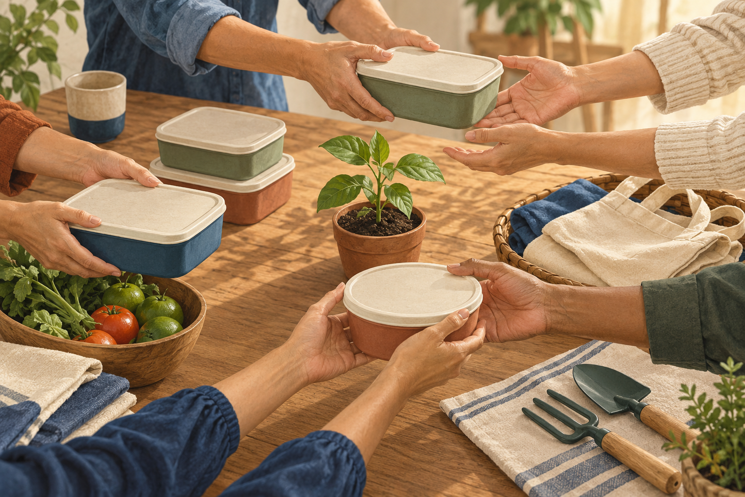 Hands passing plain food containers, a seedling, cloth bags and simple tools around a communal table