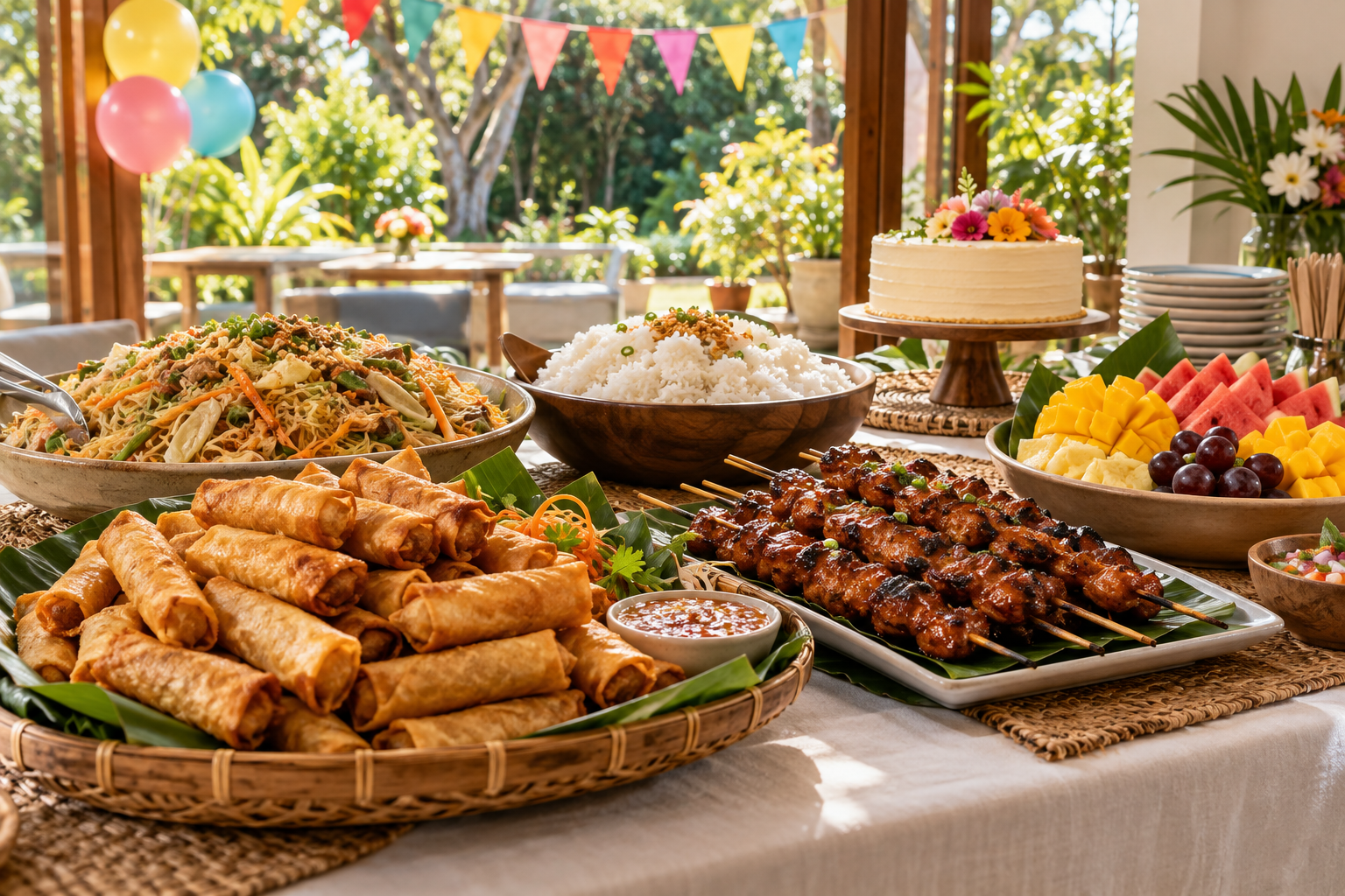 Colourful birthday buffet with Filipino-style spring rolls, rice noodles, grilled skewers, rice, fruit and a cake beneath festive bunting