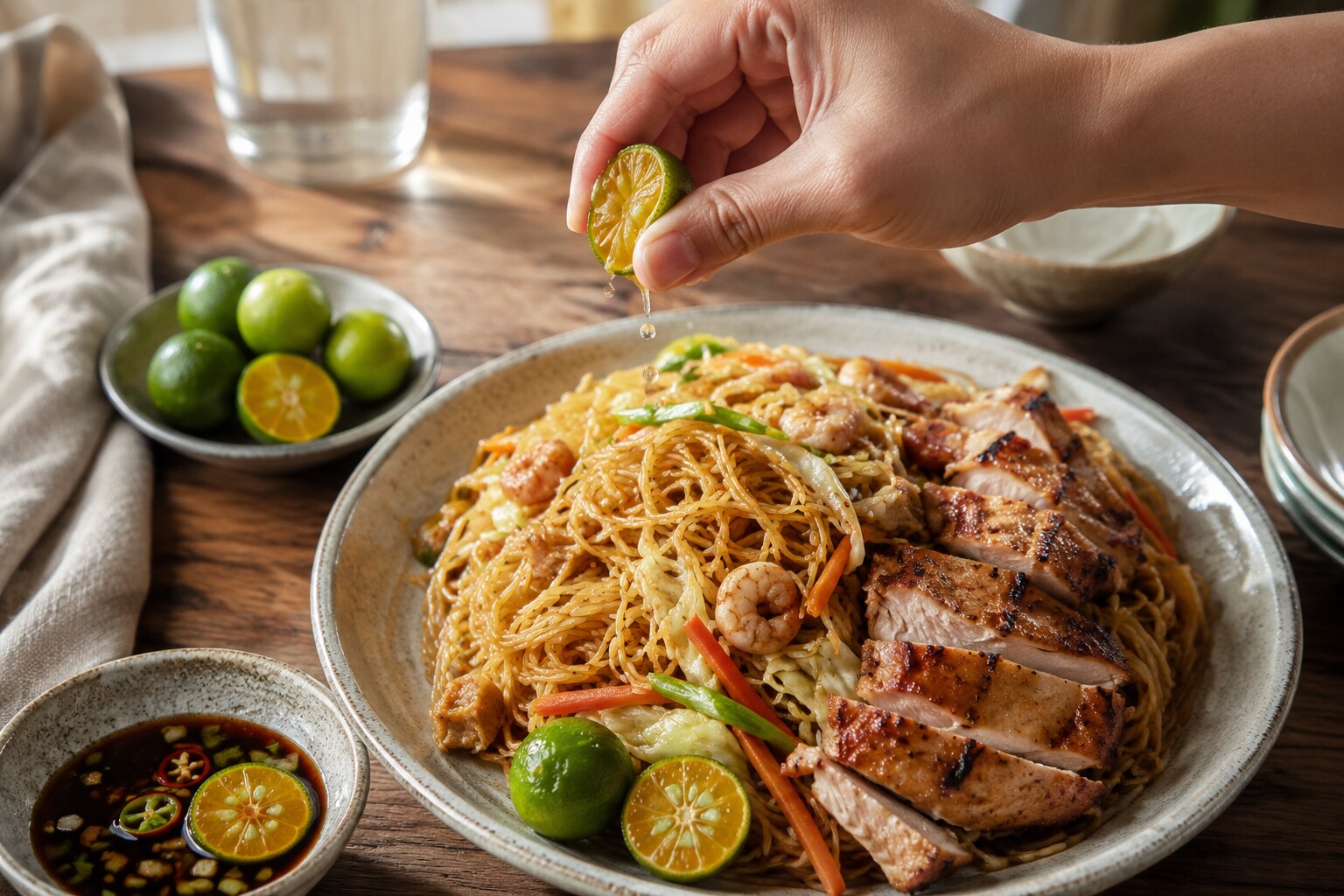 Calamansi being squeezed over pancit beside grilled chicken and a calamansi soy dipping sauce