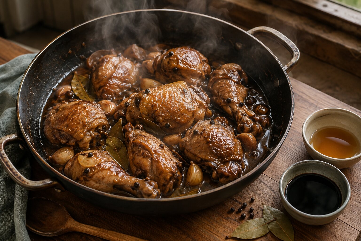 Bone-in chicken adobo simmering with garlic, bay leaves and black peppercorns in a heavy pan