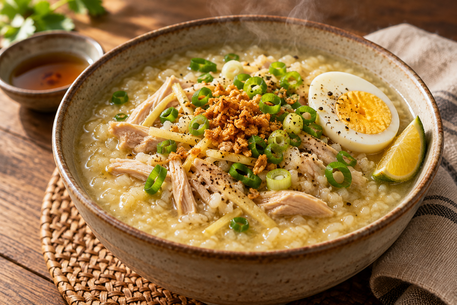 Bowl of Filipino arroz caldo with chicken, ginger rice porridge, fried garlic, spring onion, egg and a citrus wedge