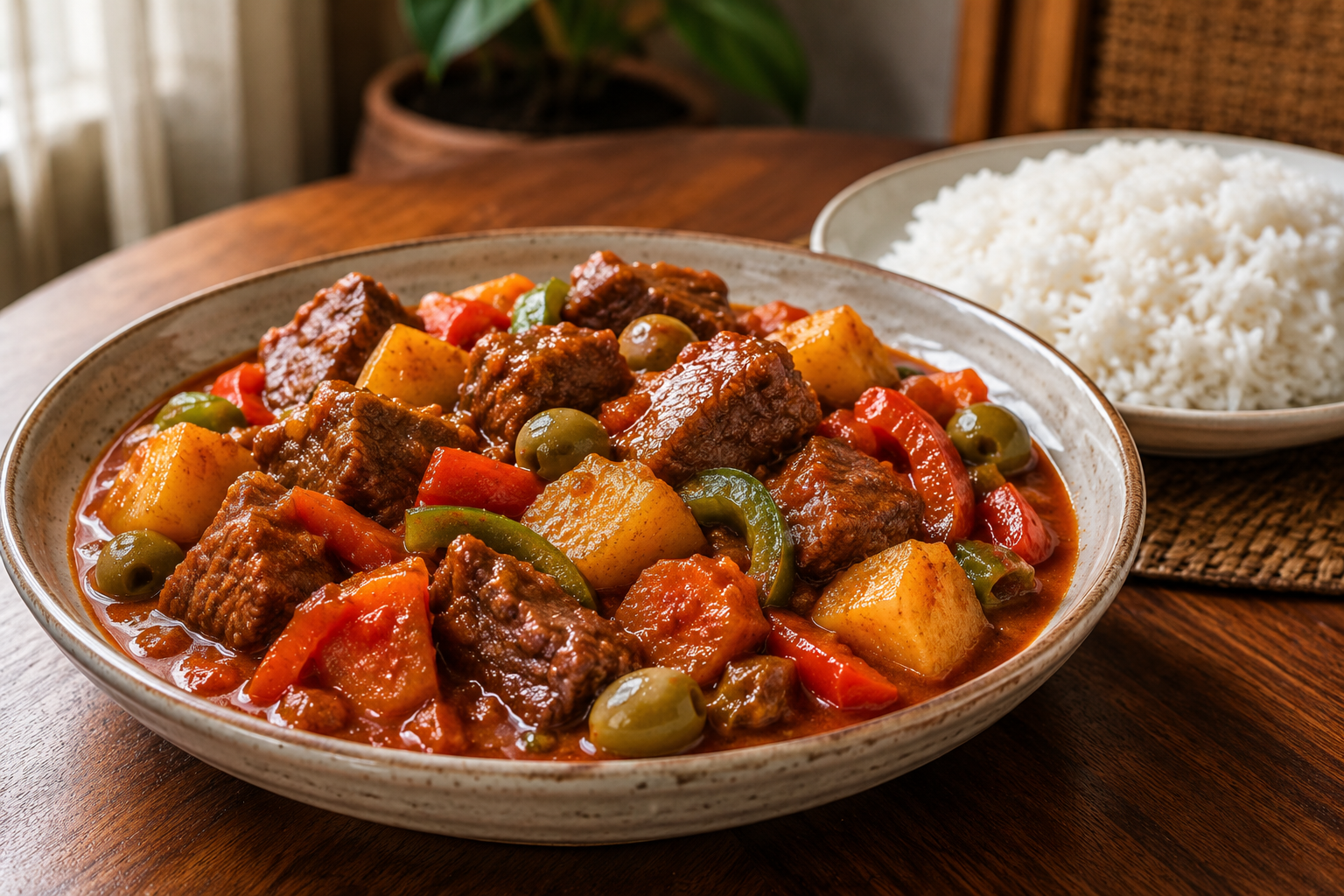 Filipino beef caldereta with tender beef, potatoes, carrots, capsicum and green olives served beside steamed rice