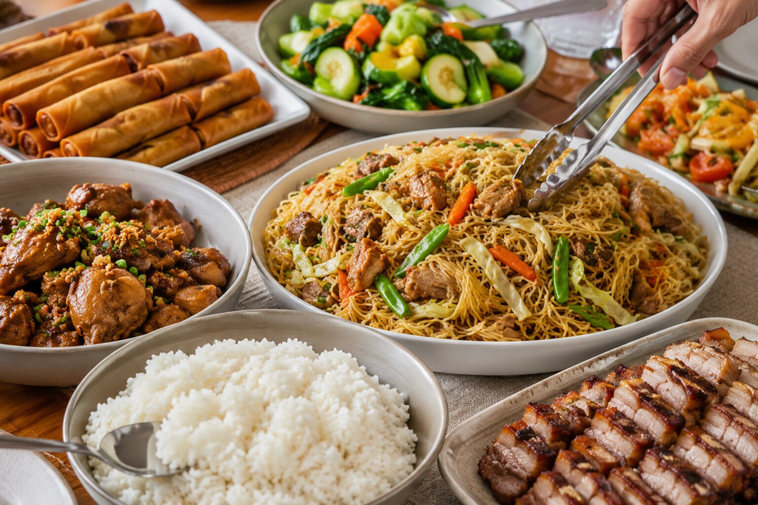 Balanced Filipino catering spread arranged for guests with serving utensils and separate shared dishes