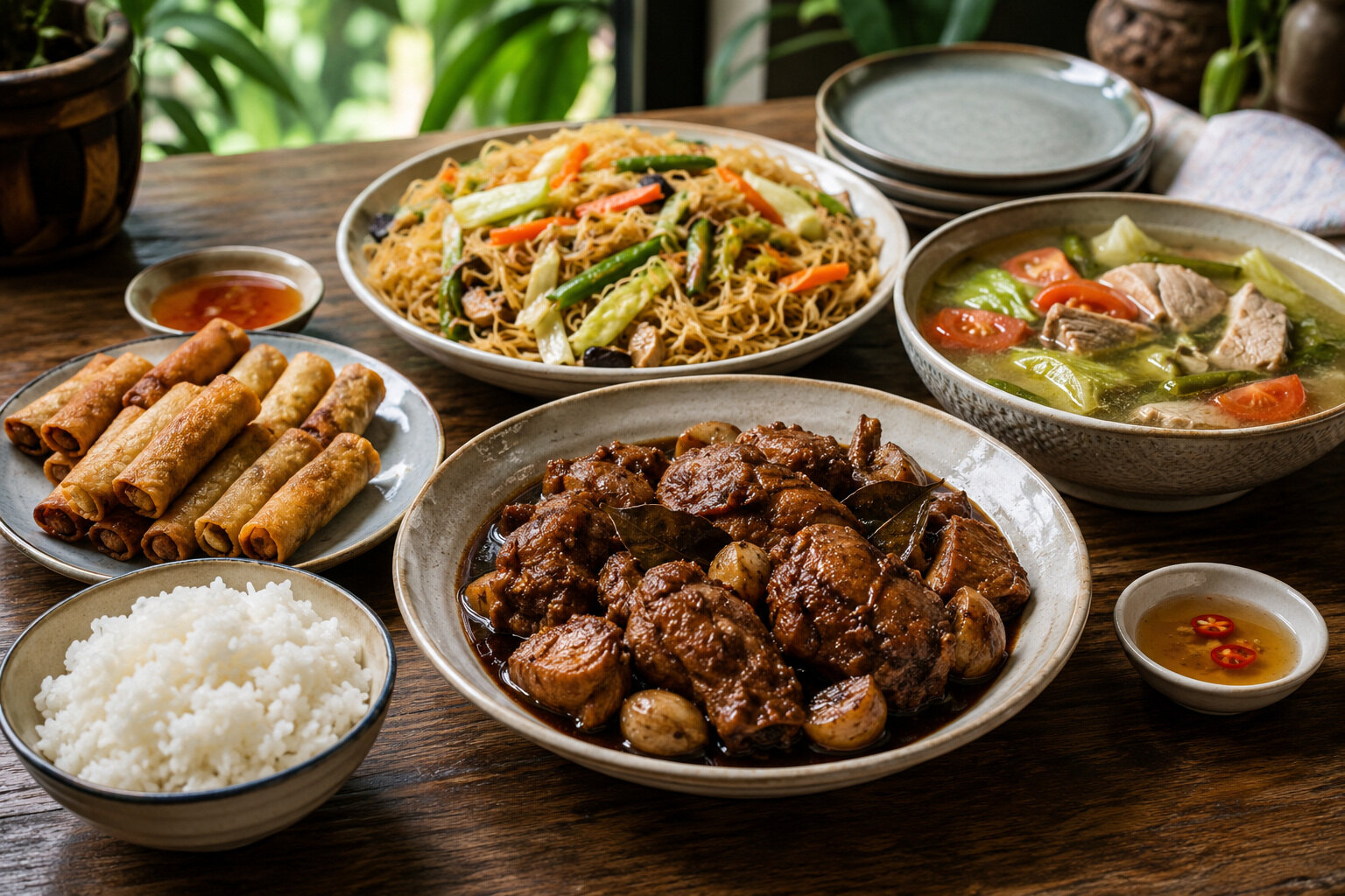 Filipino feast with chicken adobo, pancit noodles, lumpia, sour soup and steamed rice
