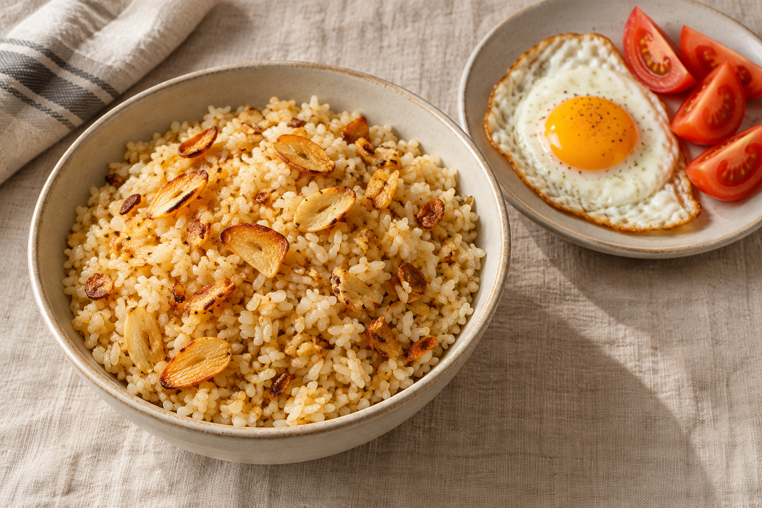 Bowl of Filipino garlic fried rice topped with crisp golden garlic beside a fried egg and tomato wedges