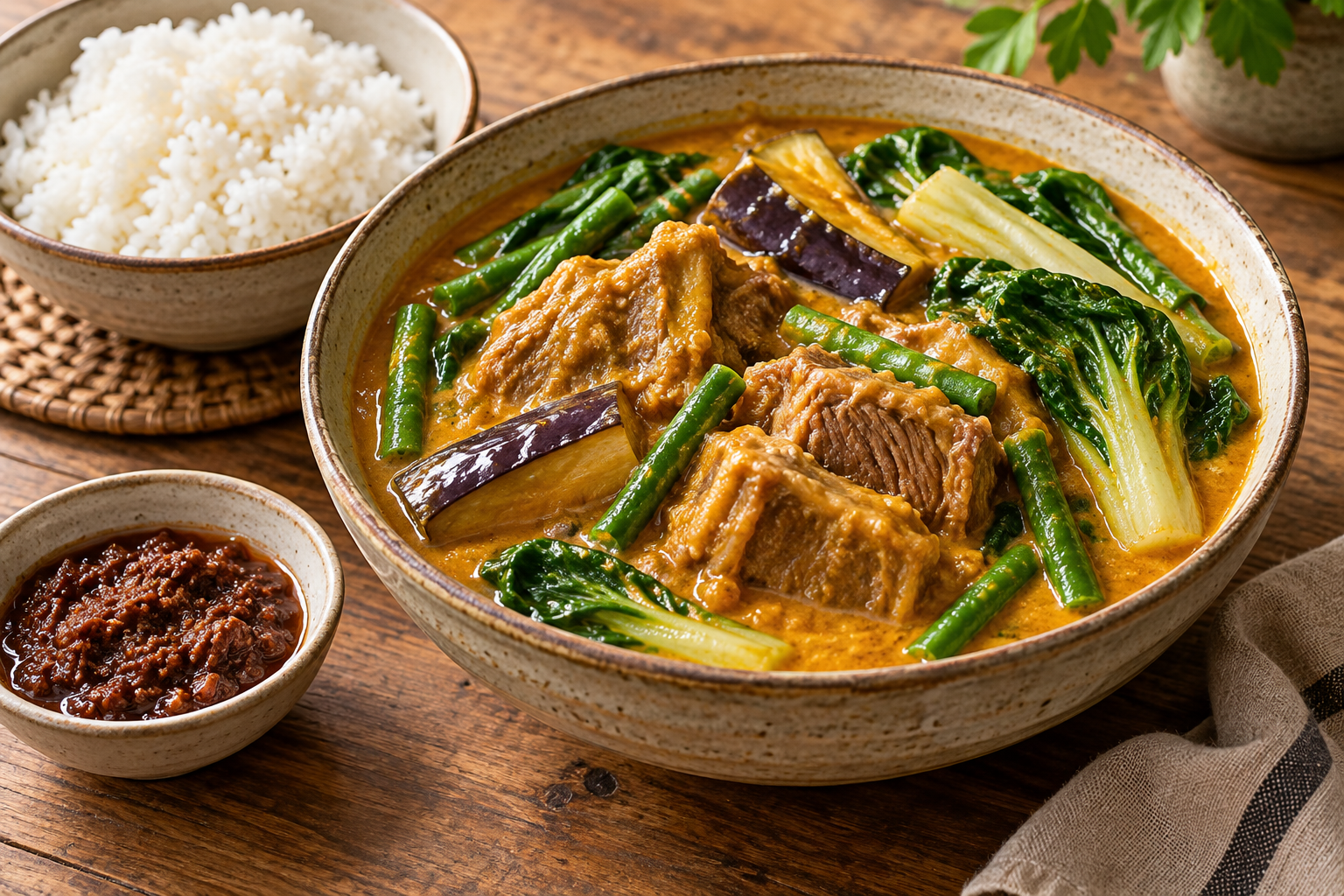 Bowl of Filipino kare-kare with tender beef, eggplant, snake beans and bok choy in orange-gold peanut sauce, served with rice and bagoong