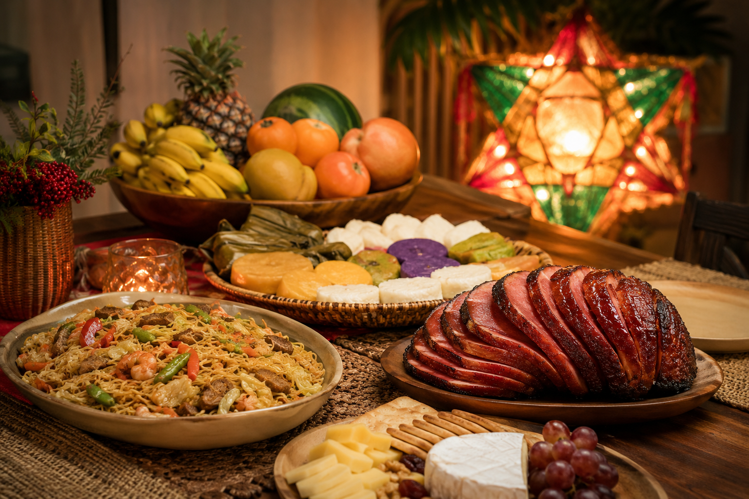 Filipino Noche Buena-inspired table with pancit, sliced ham, cheese, rice cakes, fruit and a parol lantern