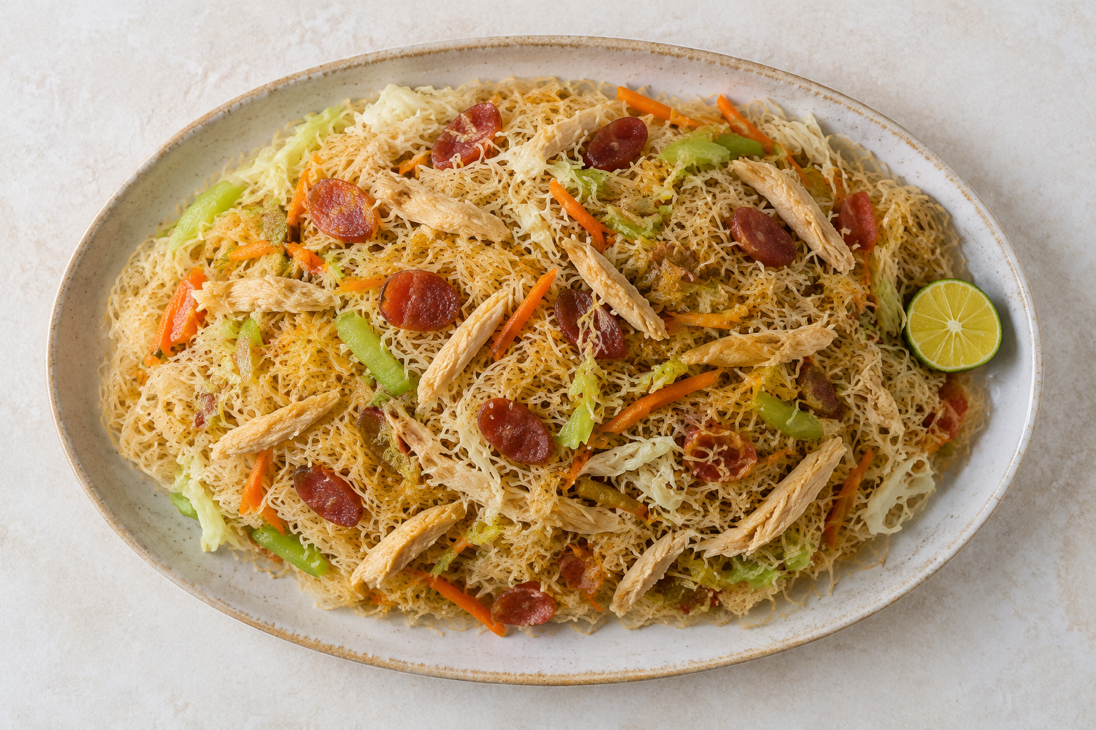 Filipino pancit bihon with thin rice noodles, cabbage, carrot, chicken, Chinese sausage and citrus on a shared platter