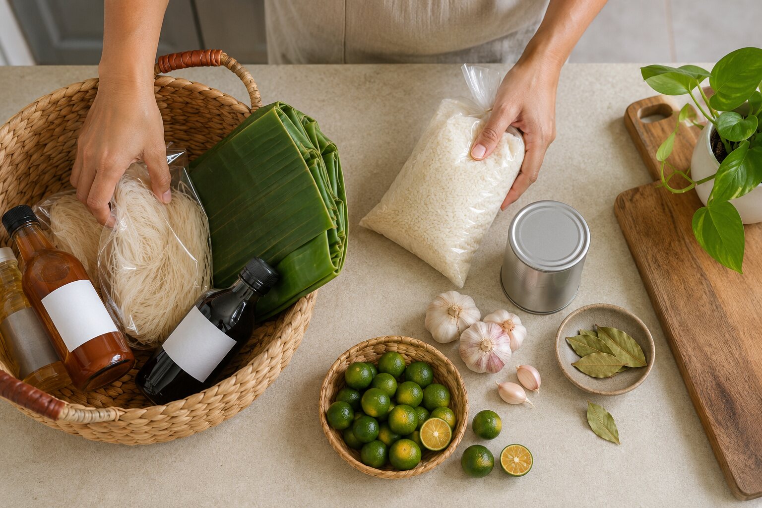 Hands unpacking unbranded Filipino pantry ingredients from a shopping basket in a home kitchen