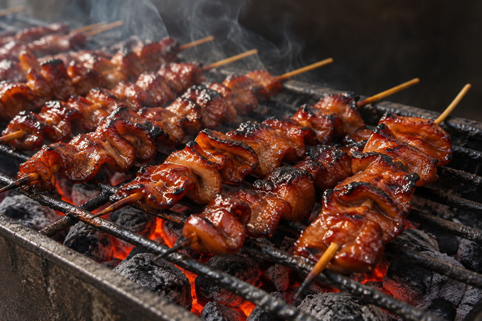Glossy Filipino pork barbecue skewers with caramelised edges cooking over a charcoal grill