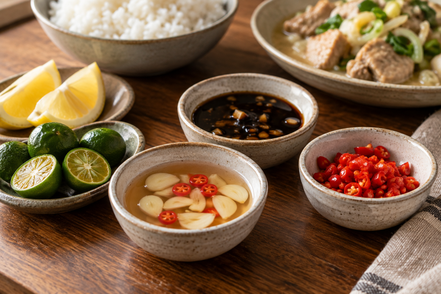 Filipino-style dipping sauces with vinegar, soy and citrus beside chopped chilli, garlic and steamed rice
