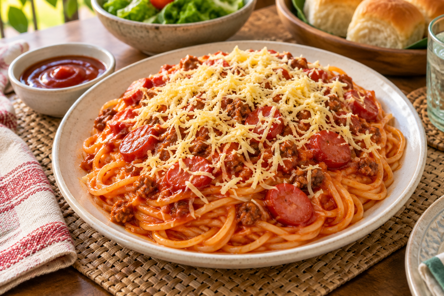 Filipino-style spaghetti with glossy red-orange sauce, minced meat, sliced red sausages and finely grated pale cheese