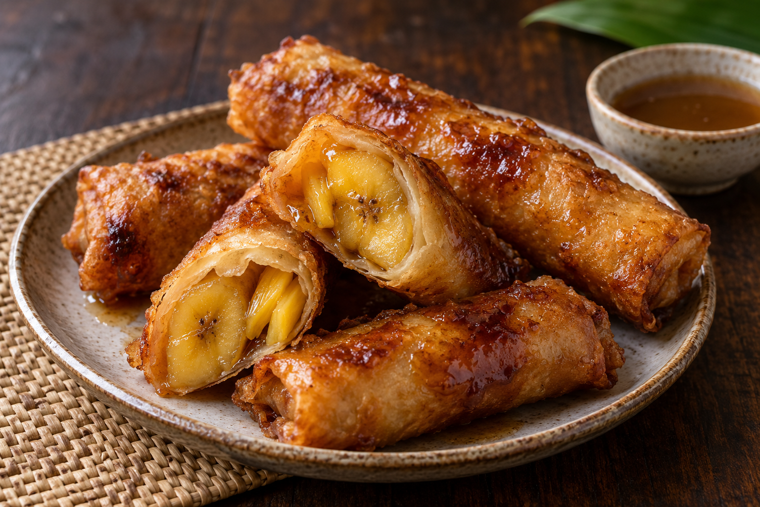 Golden Filipino turon banana spring rolls with one cut open to show banana and jackfruit
