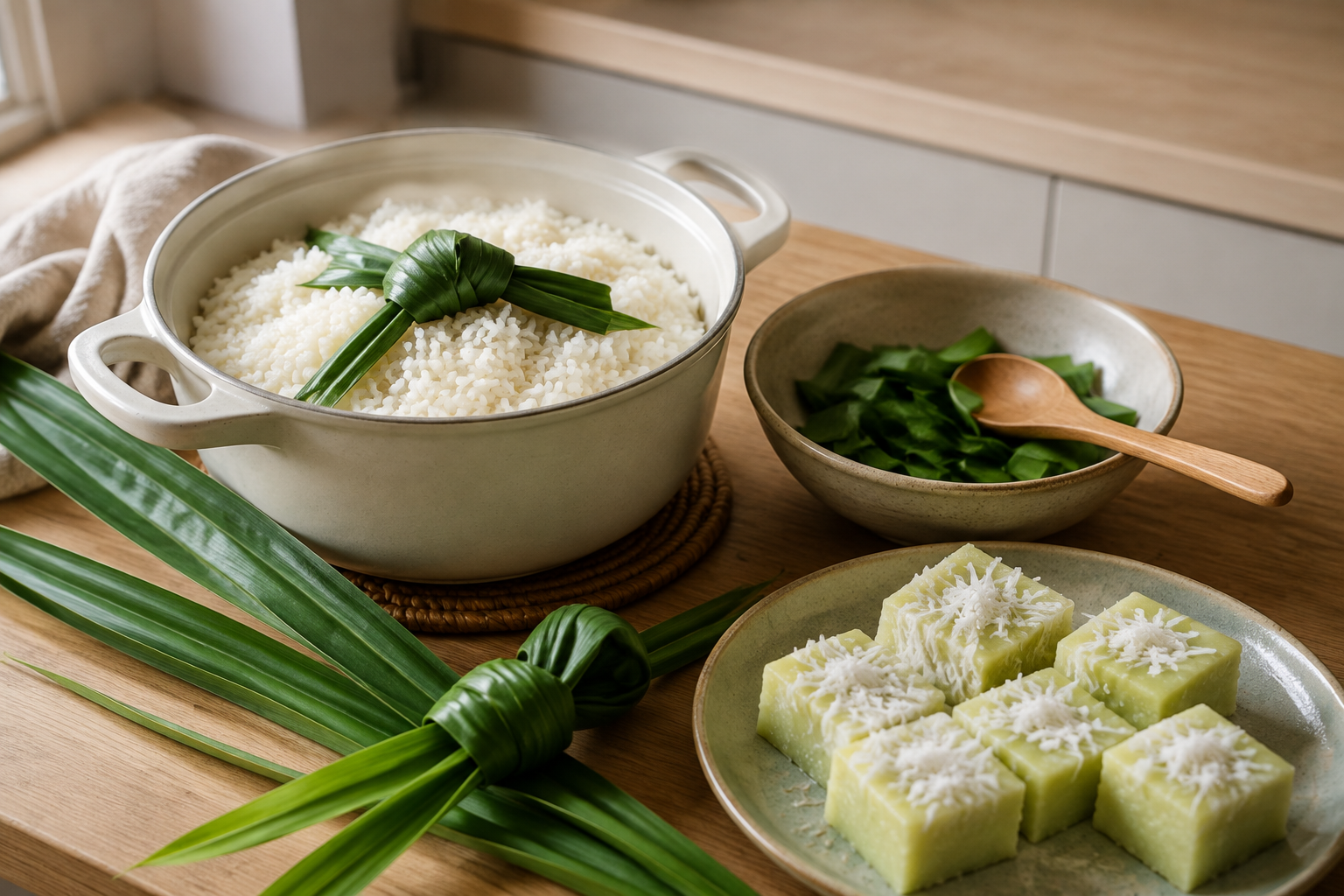 Fresh pandan leaves tied for infusing rice beside cut leaves and pale green coconut dessert squares