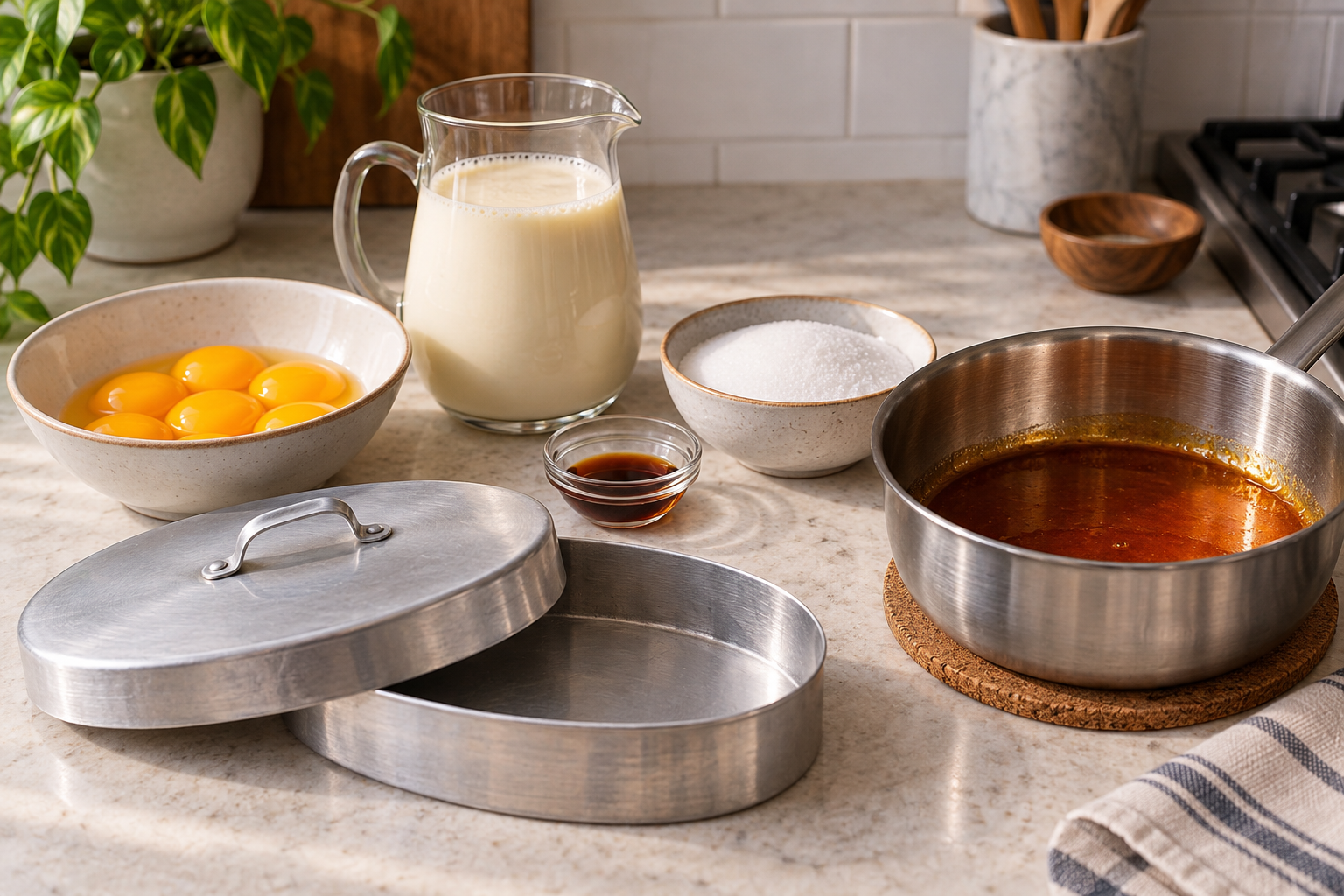 Leche flan ingredients with eggs, milk mixture, sugar, caramel and an oval metal mould