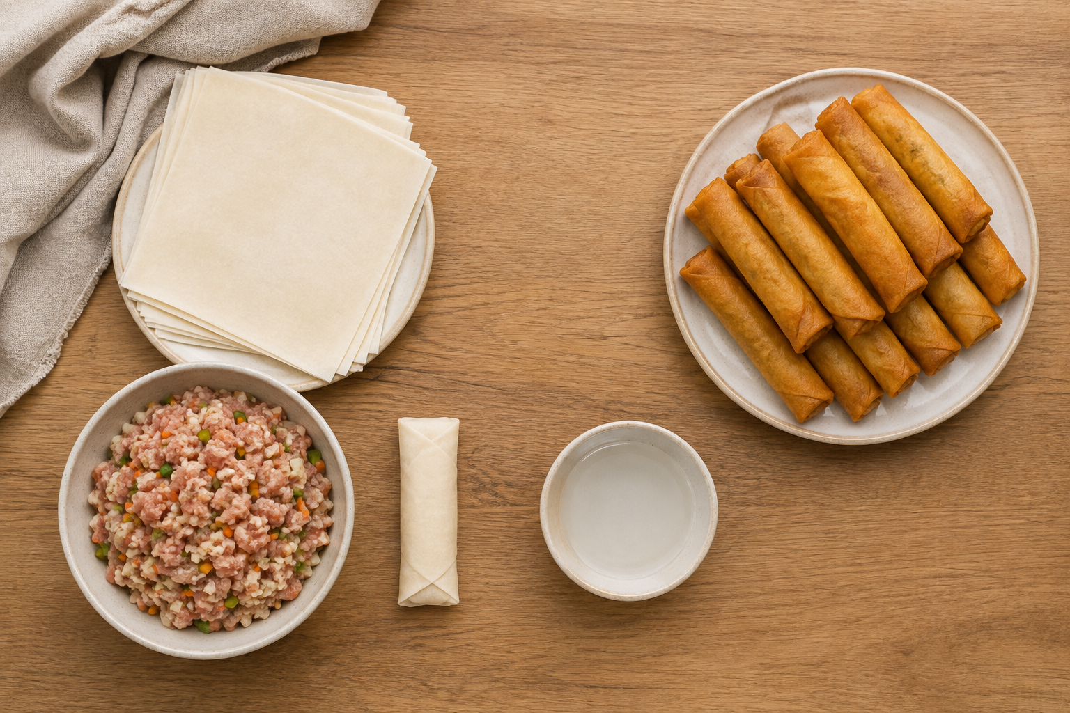 Lumpia wrappers, uncooked pork and vegetable ingredients, one example fold and finished cooked rolls arranged in separate dishes