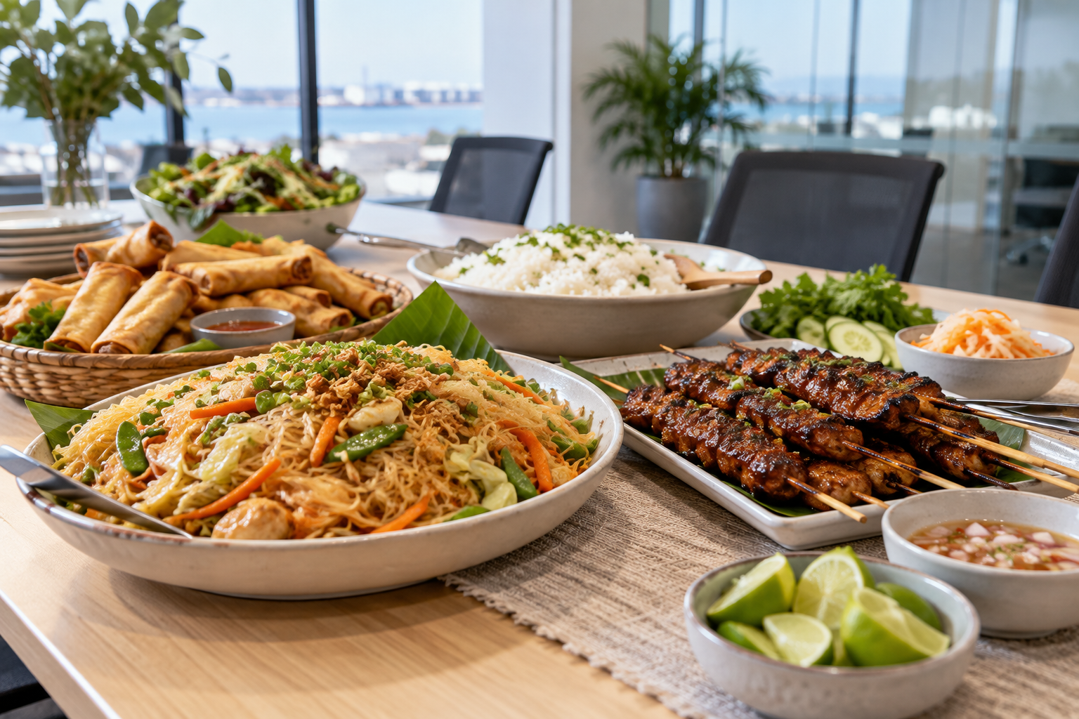 Filipino-inspired office catering buffet with noodles, rice, skewers and spring rolls in a bright meeting room