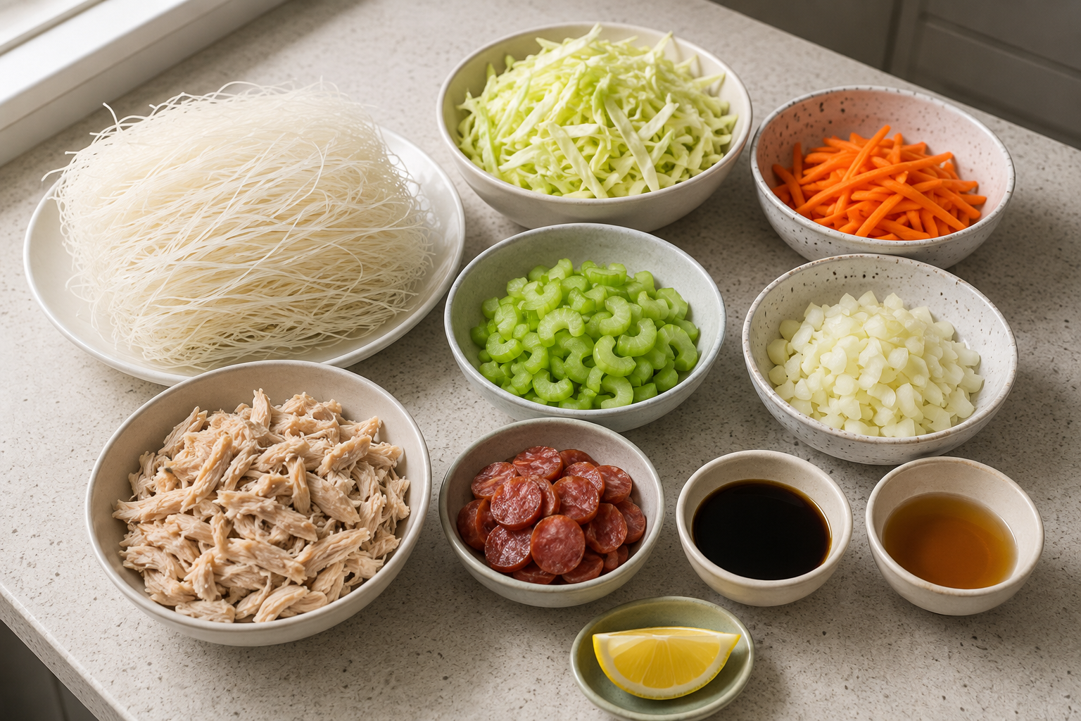Pancit bihon ingredients prepared on a kitchen bench including rice noodles, vegetables, cooked chicken, Chinese sausage and seasonings