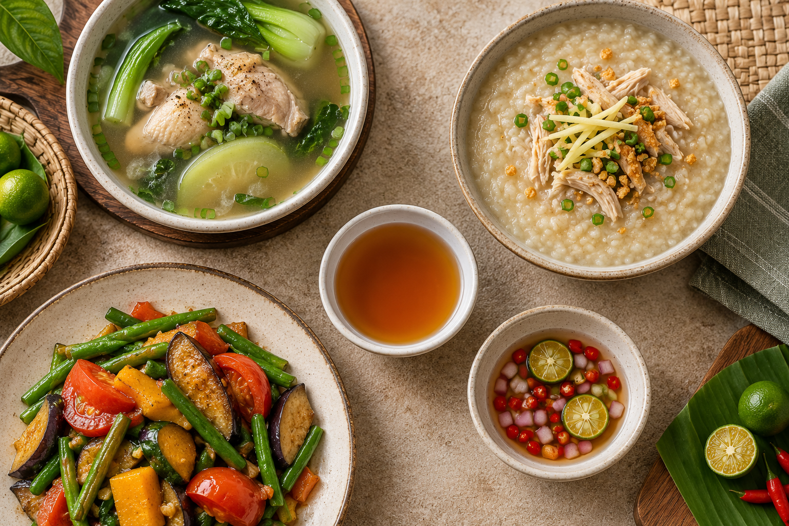 Small bowl of amber fish sauce arranged with savoury soup, rice porridge, vegetables and a citrus-vinegar dipping sauce