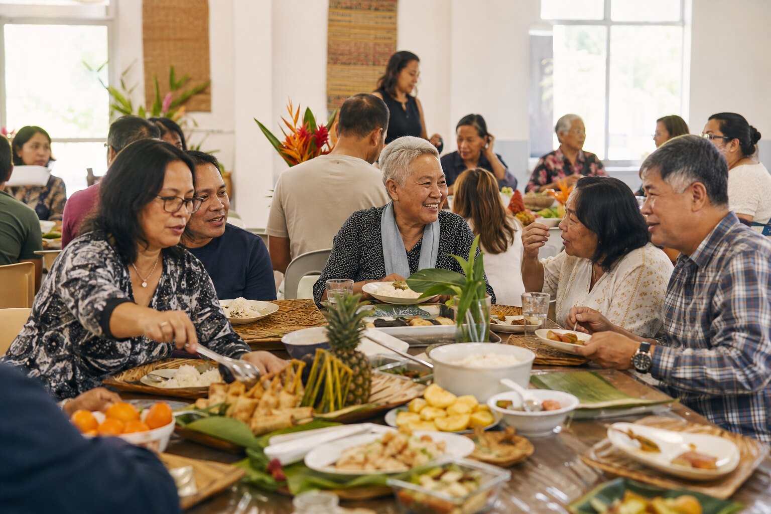 Multi-generational Filipino Australian community gathering and sharing food together