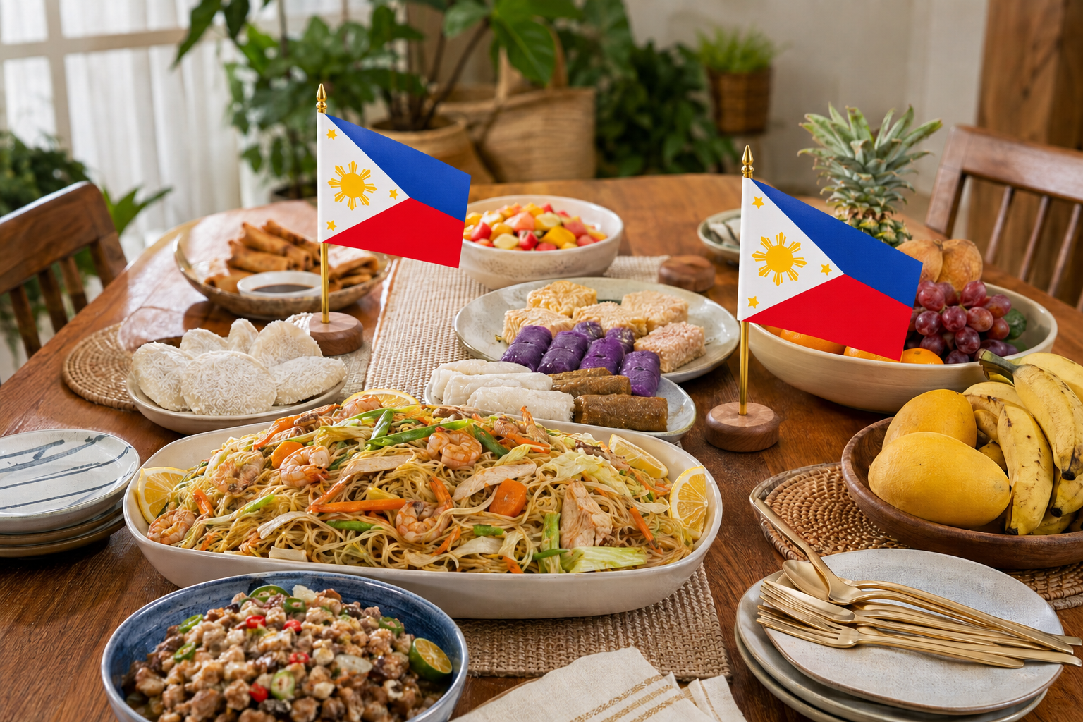 Modern Filipino community celebration table with pancit, rice cakes, fruit and Philippine flags