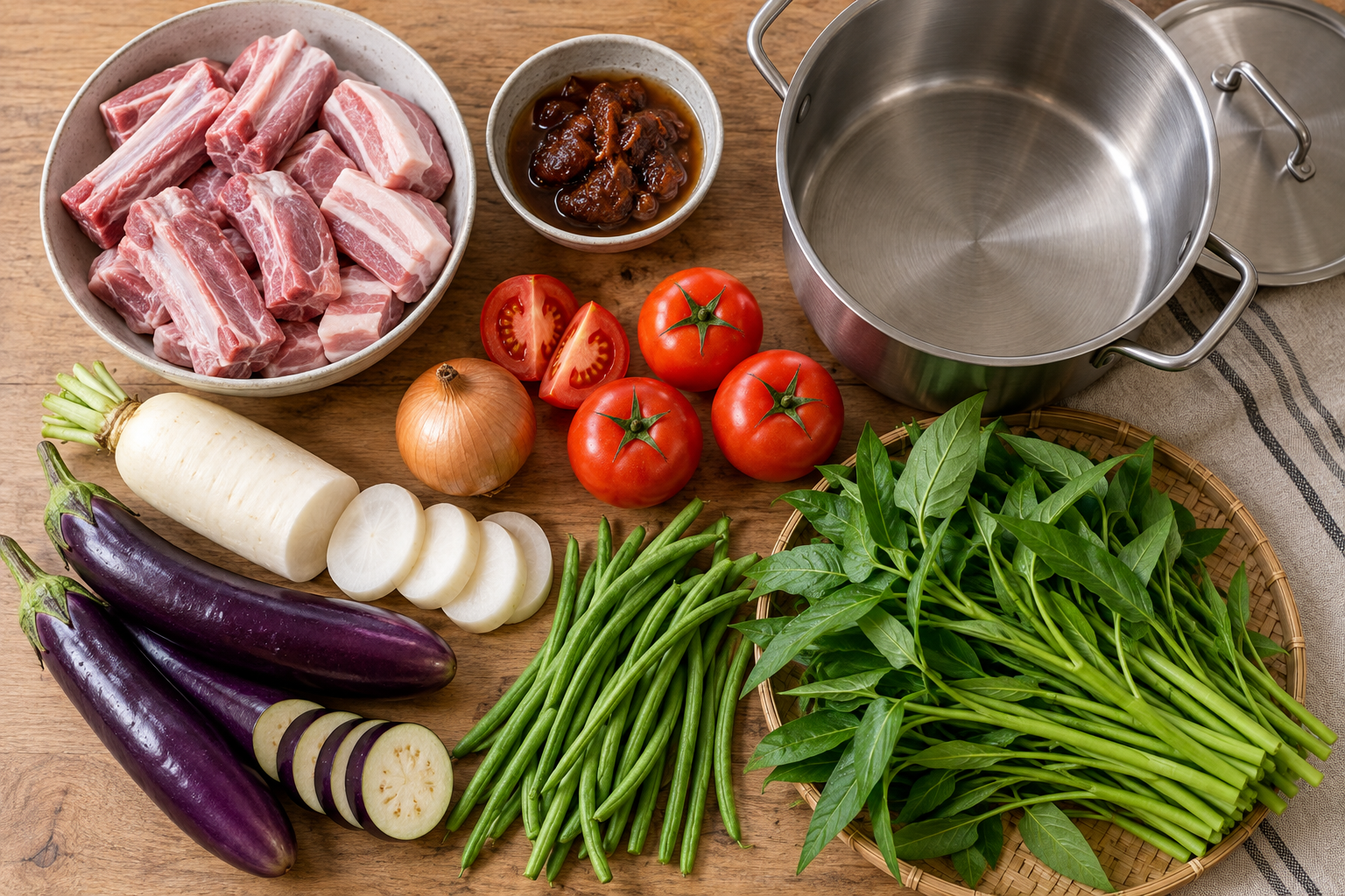Pork ribs and belly arranged with tamarind pulp, tomato, onion, radish, eggplant, green beans and leafy greens for sinigang