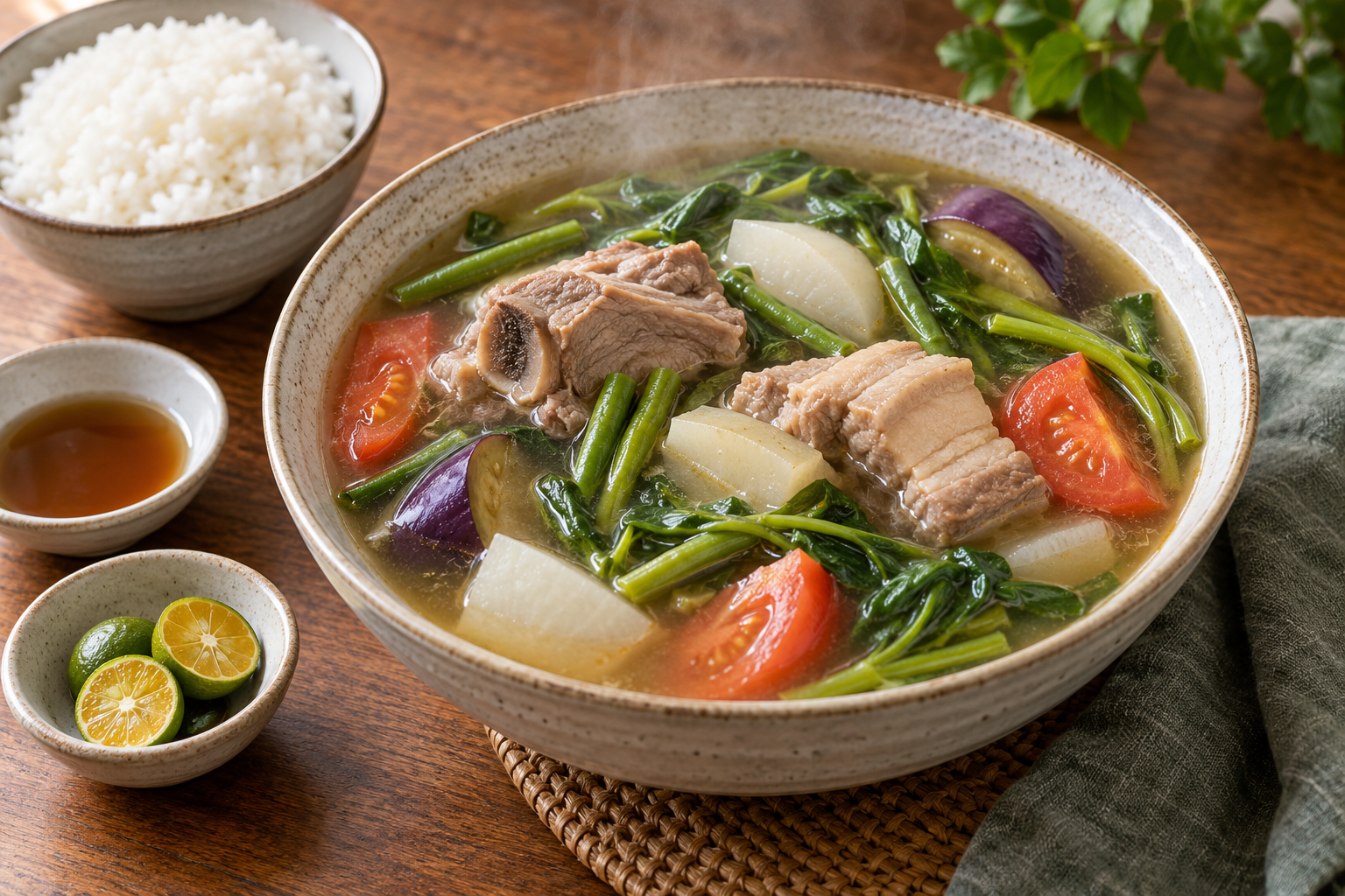 Bowl of Filipino pork sinigang with tamarind broth, pork ribs, eggplant, green beans, radish, tomato and leafy greens beside steamed rice