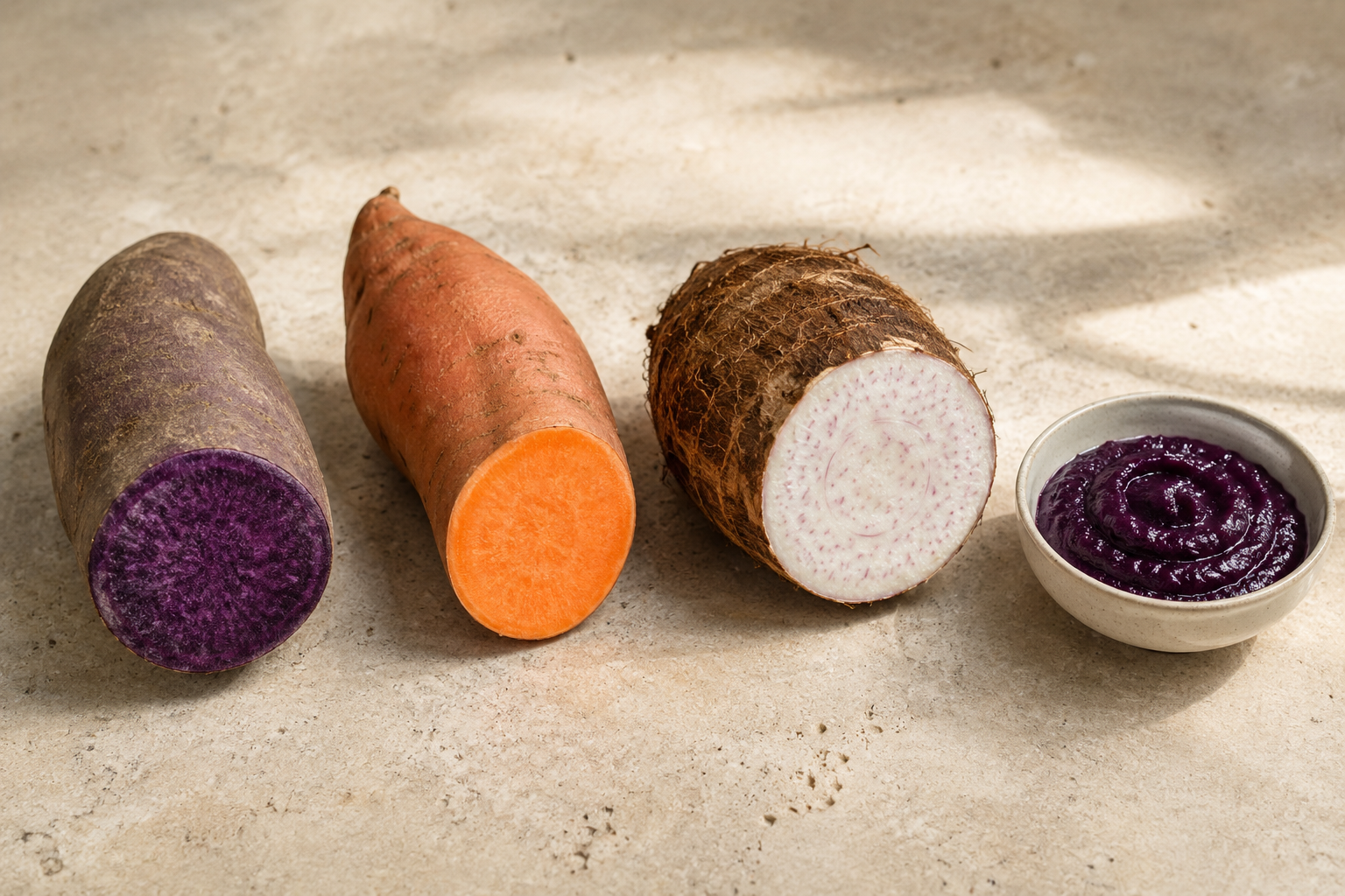 Cut purple yam, orange sweet potato and pale taro displayed separately beside a small bowl of ube jam