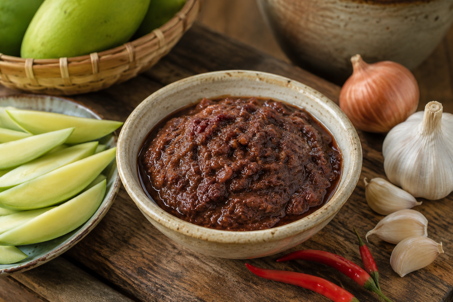 Ceramic bowl of Filipino fermented shrimp paste with green mango, garlic, onion and chilli on a warm kitchen table