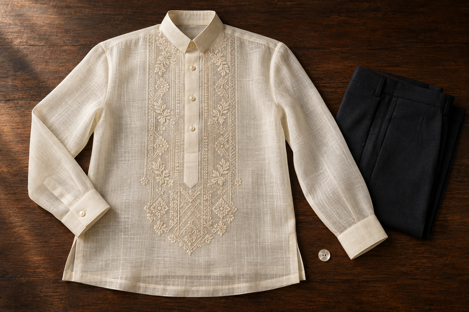 Cream embroidered Barong Tagalog-style formal shirt arranged beside black trousers on a timber table