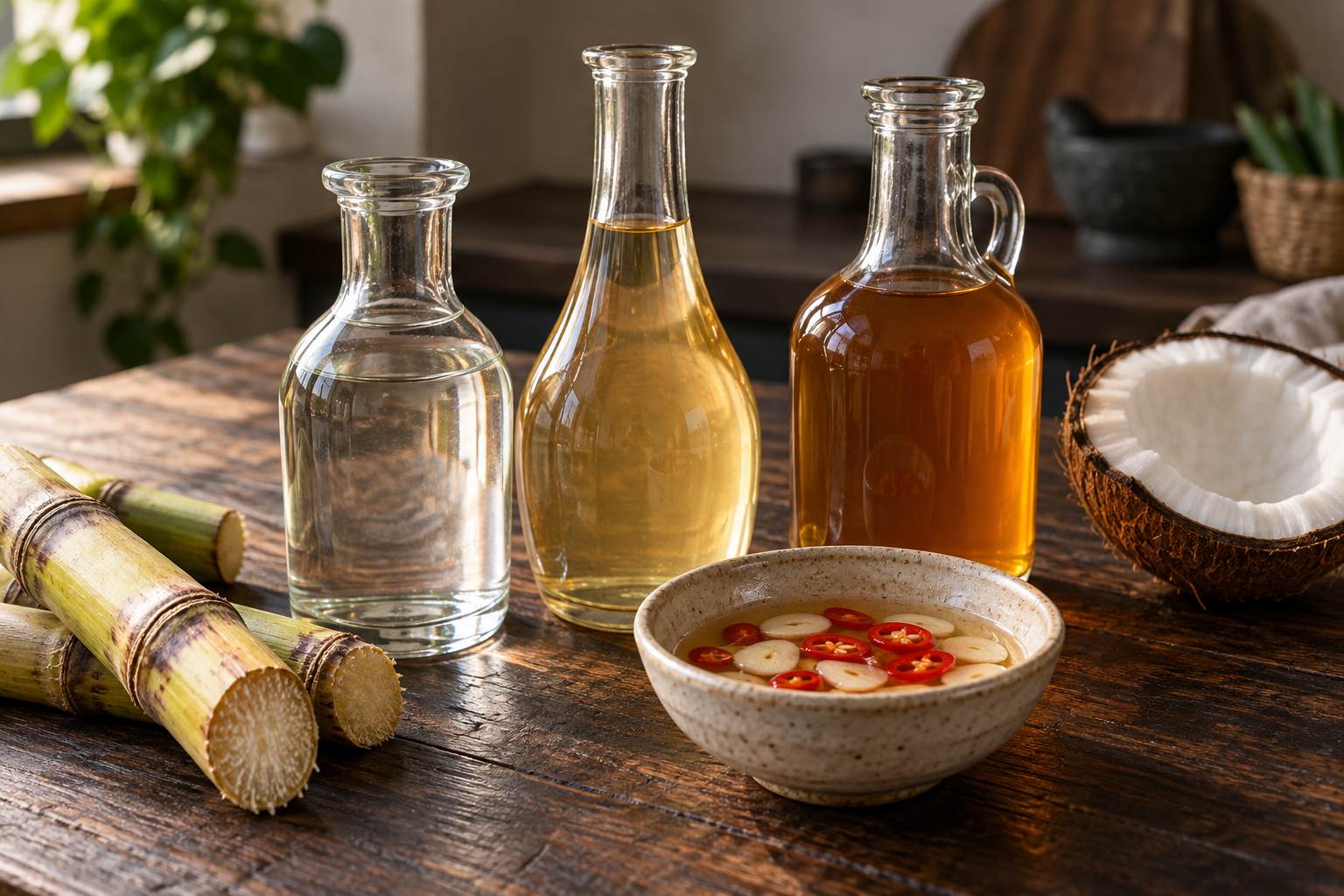 Unlabelled bottles of Filipino-style vinegar beside a garlic and chilli dipping sauce, sugarcane and coconut