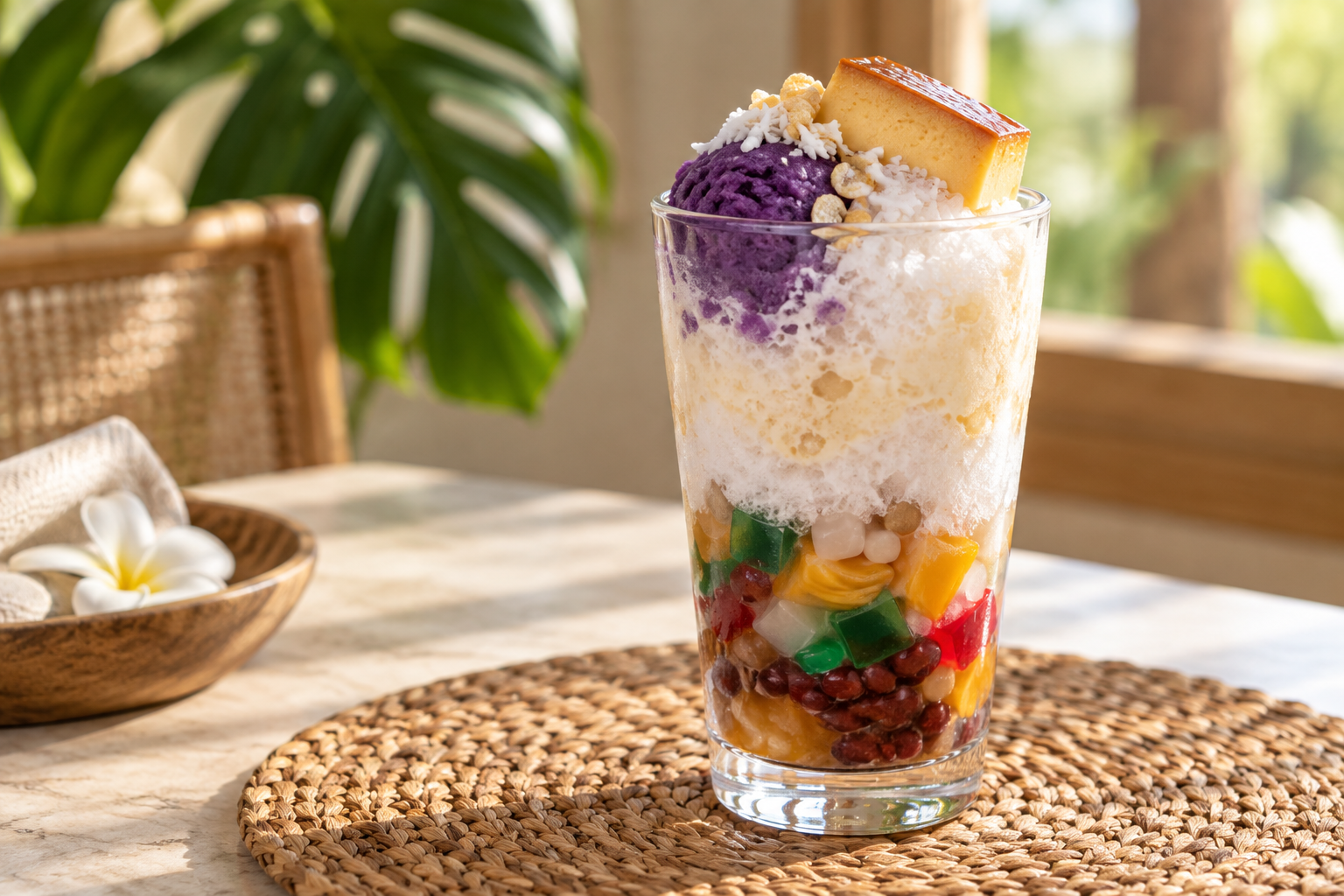 Tall glass of Filipino halo-halo layered with shaved ice, milk, sweet beans, colourful jellies, ube and leche flan
