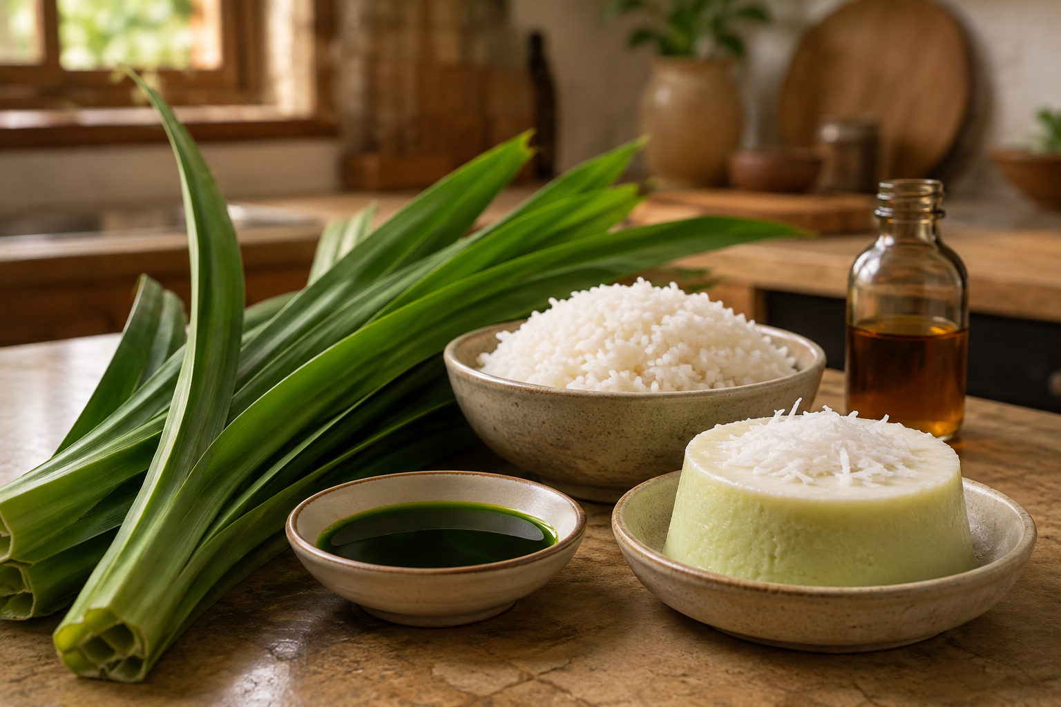 Fresh pandan leaves with pandan extract, steamed rice and a coconut dessert in a warm kitchen setting