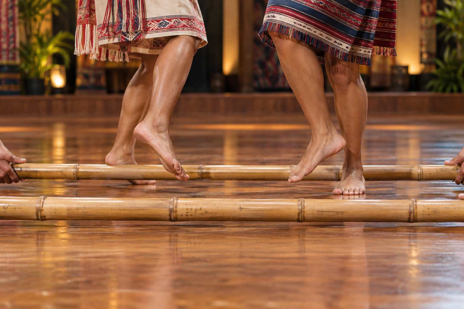 Adult Tinikling performers stepping between parallel bamboo poles during a modern staged cultural performance
