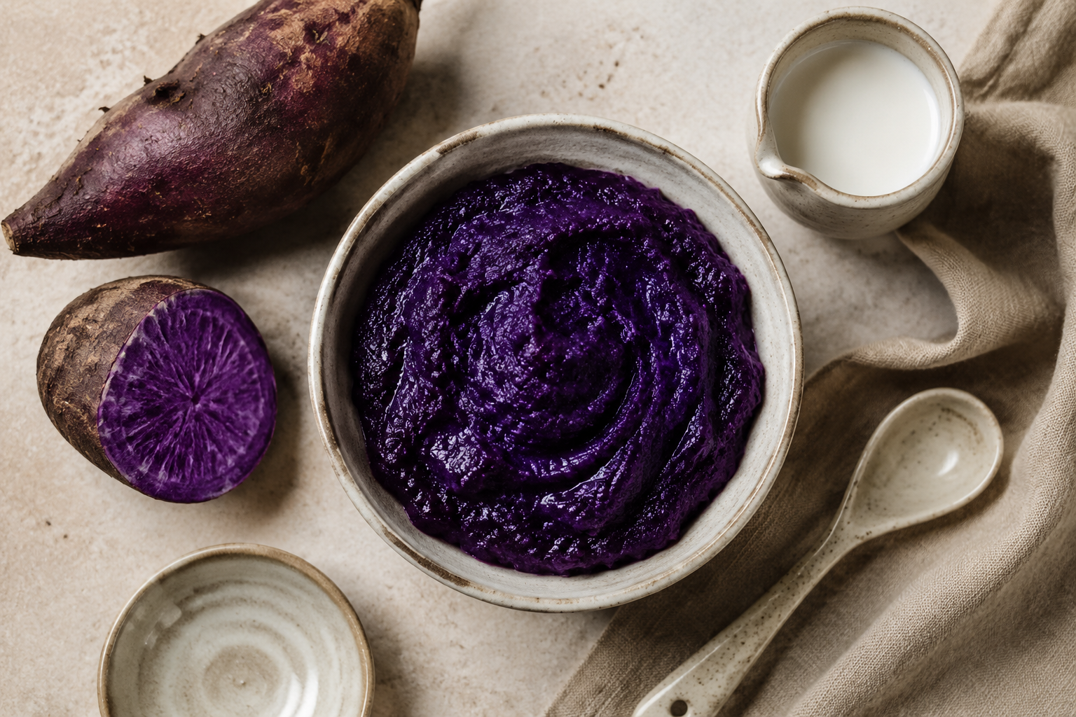 Bowl of deep purple ube halaya beside cut purple yam and coconut milk in a warm home kitchen