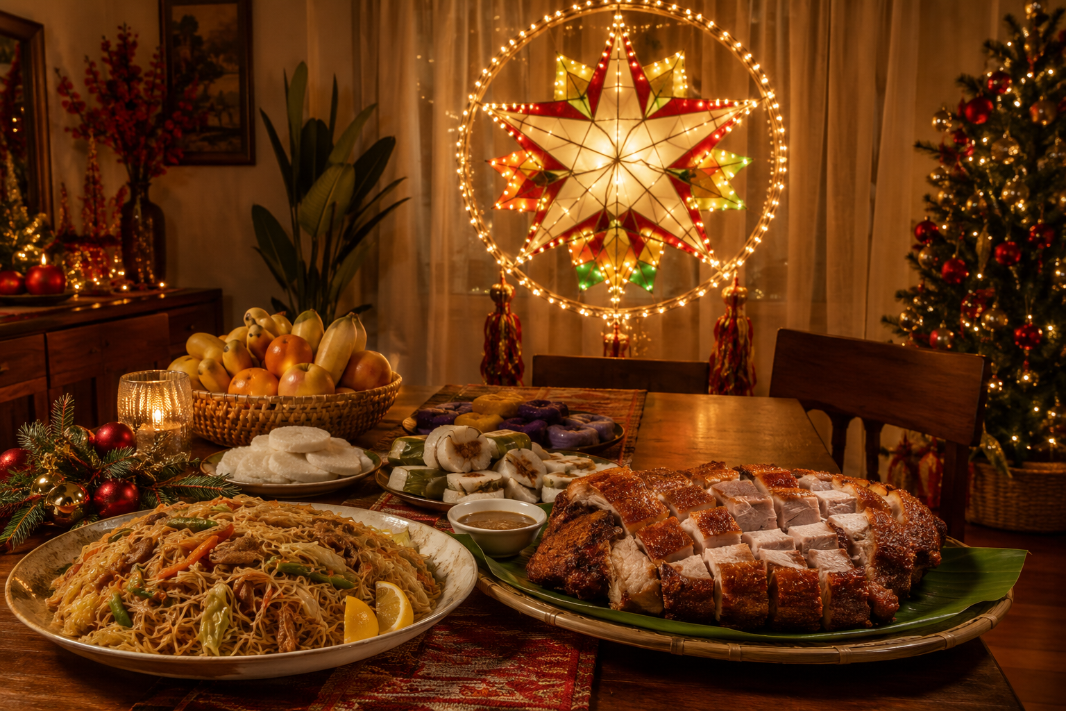 Glowing Filipino parol lantern beside a Christmas table with shared noodles, roast pork, rice cakes and fruit