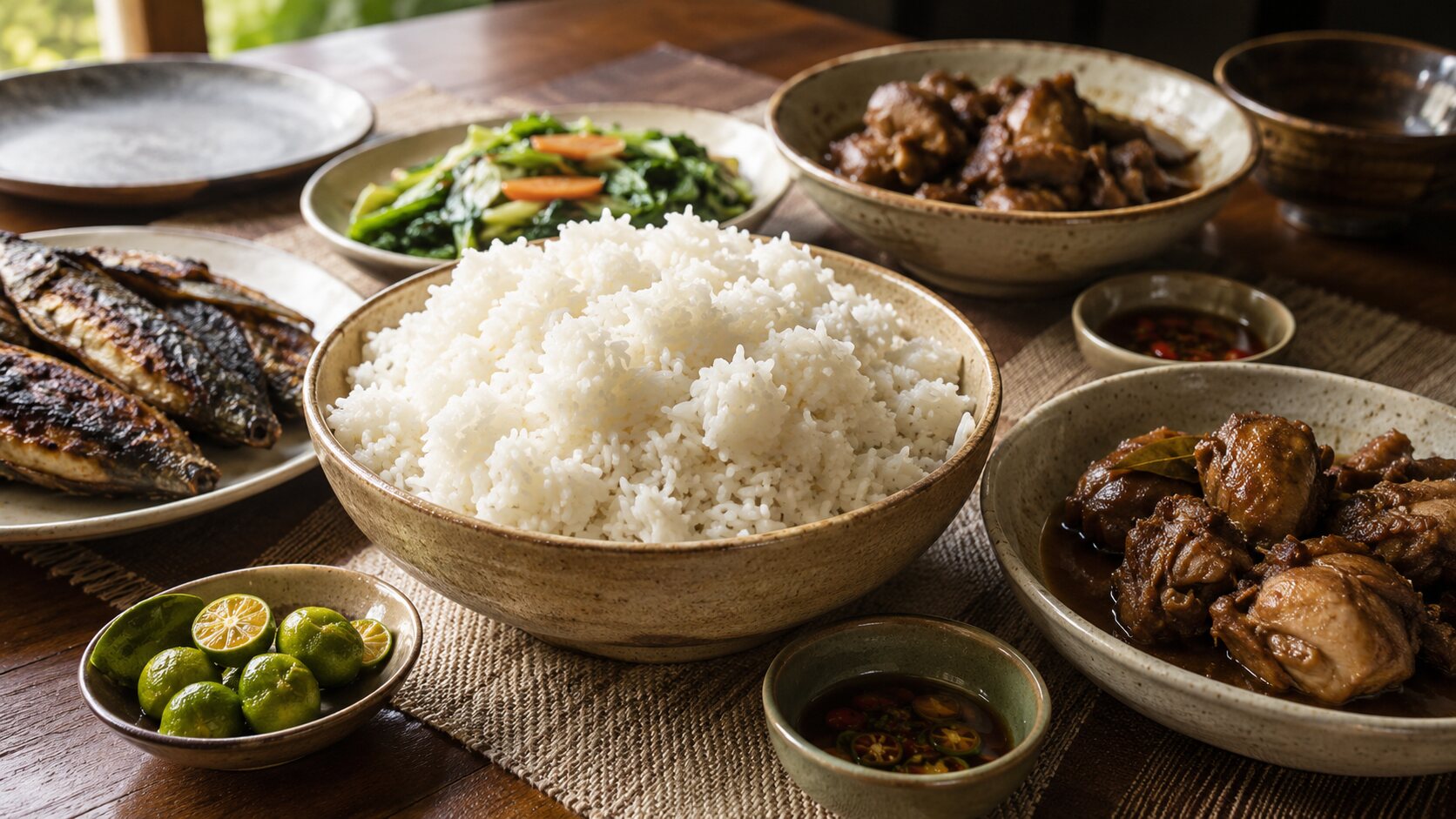 Steamed white rice at the centre of a Filipino shared table with adobo, vegetables, grilled fish and dipping sauces